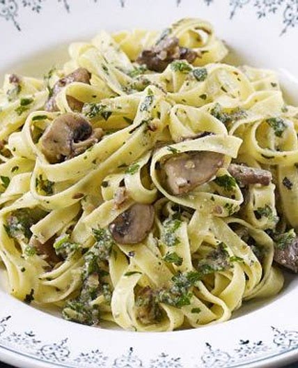 Roasted chestnut & herb pesto pasta with mushrooms