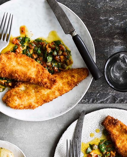 Breaded plaice with sauce vierge