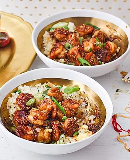 Honey, sesame & orange king prawns
