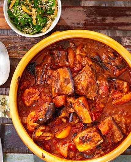 Smoky aubergine tagine with lemon & apricots