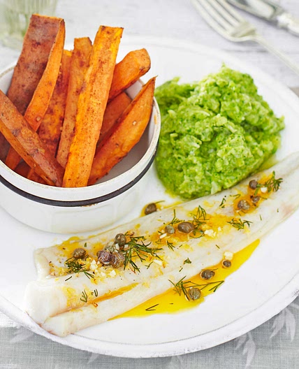 Lemon pollock with sweet potato chips & broccoli mash