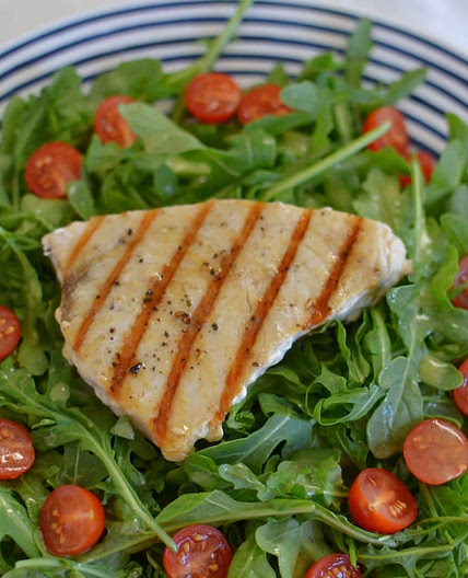 Grilled Swordfish and Arugula tomato Salad