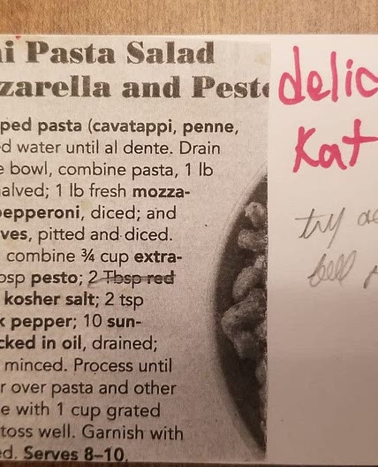 Pepperoni Pasta (or zucchini) Salad w/ mozzarella and pesto