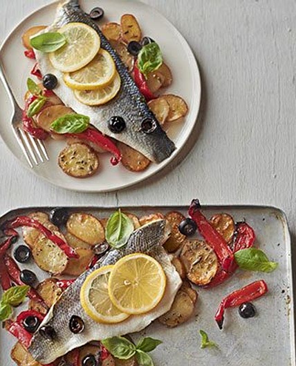 Roast sea bass & vegetable traybake