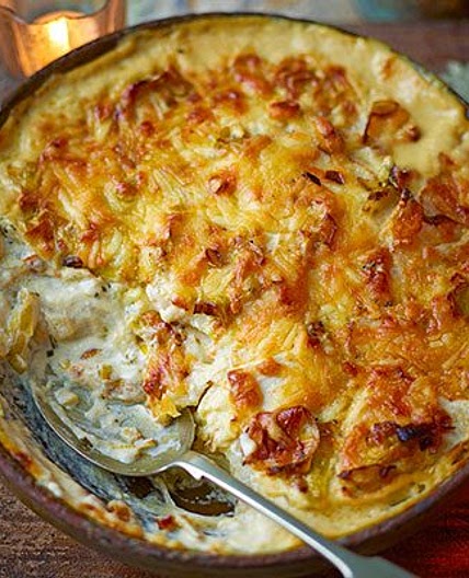 Cheesy celeriac, leek & rosemary gratin