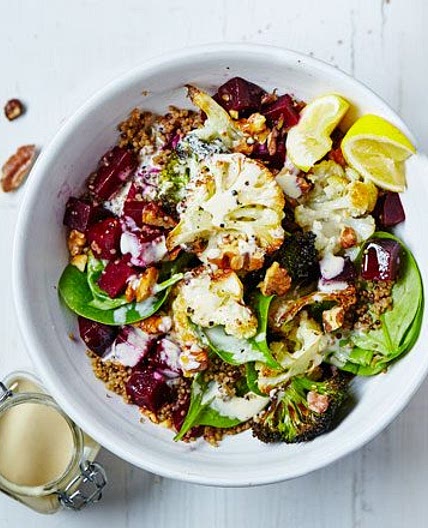 Roasted cauli-broc bowl with tahini hummus
