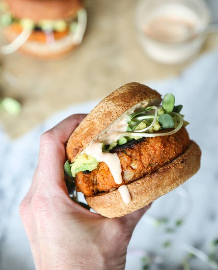 Cauliflower Sweet Potato Burgers with Avocado and Sriracha Aioli (Vegetarian Paleo)