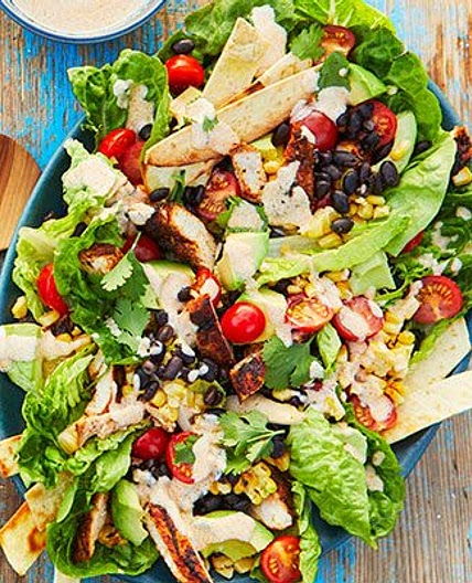 Charred corn, chicken & tortilla salad with chipotle yogurt dressing