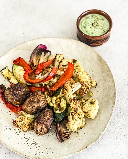 Lamb Koftas, Charred  Vegetables & Tzatziki