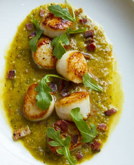 Seared Sea Scallops With Roasted Tomatillos and Green Olives