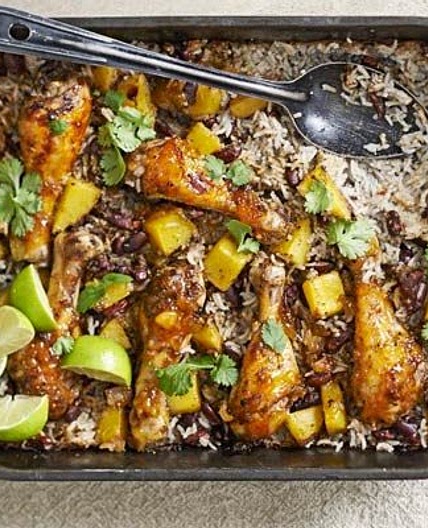 Mango chicken, bean & rice bake