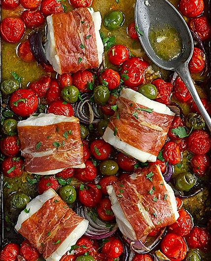 Cod, cherry tomato and green olive traybake