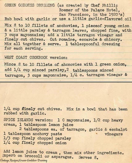 Vintage Green Goddess dressing recipes / Green goddess salad