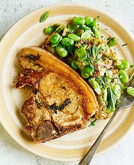 Pork chops with broad bean & minted Jersey smash