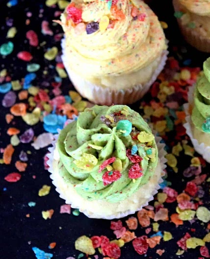 White Chocolate Cupcakes with Fruity Pebbles Buttercream Frosting
