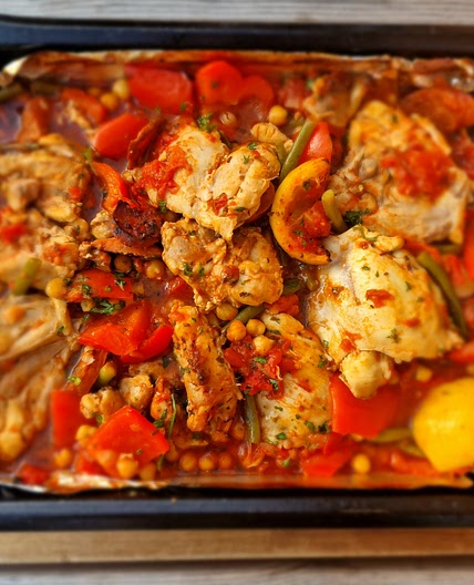 Chicken, Chorizo, and Chickpea Tray Bake