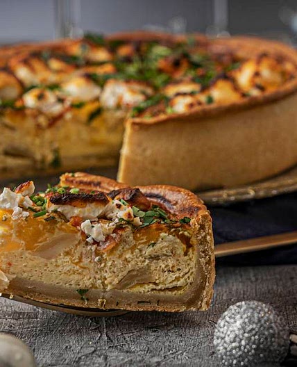 Goats cheese, caramelised onion and red pepper quiche