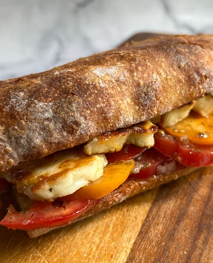 Marinated Tomato + Grilled Halloumi Sandwich