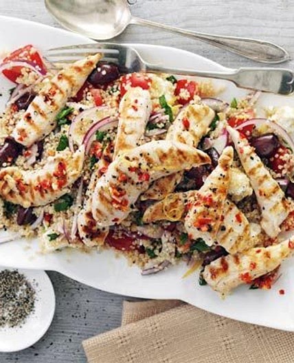 Griddled chicken with quinoa Greek salad
