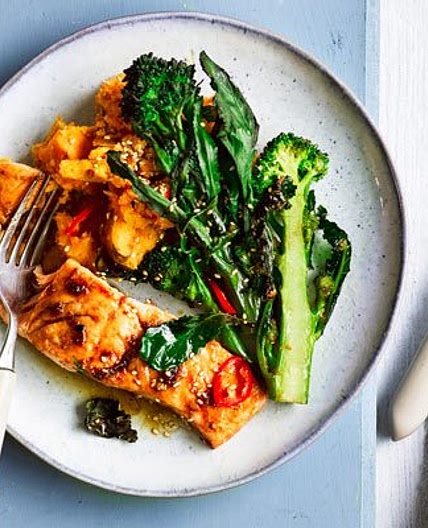 Sesame salmon, purple sprouting broccoli & sweet potato mash