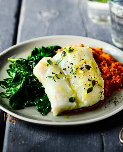 Herb & garlic baked cod with romesco sauce & spinach