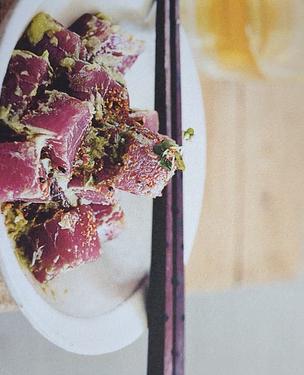 Tuna cubes with wasabi avocado dressing