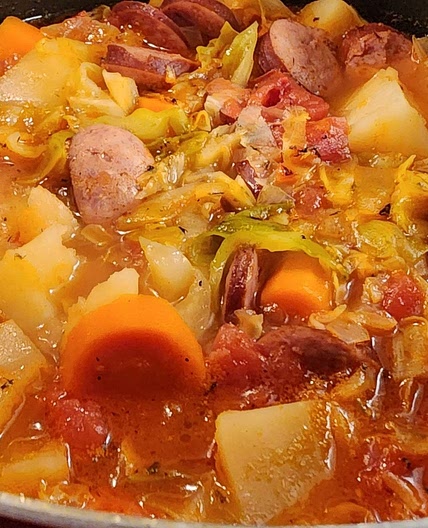 Cabbage, potato, and sausage stew