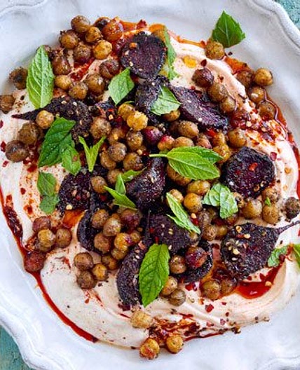 Roasted beetroot with za’atar, chickpeas & harissa yogurt