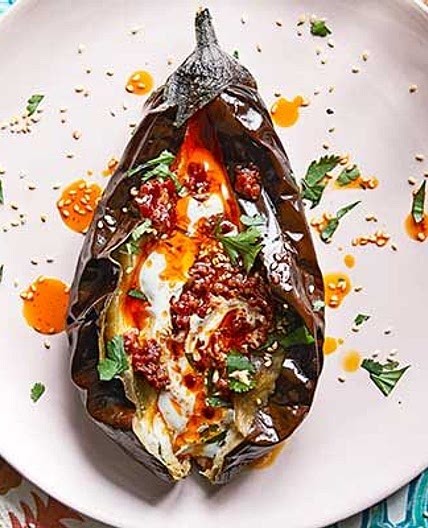 Roast aubergines with yogurt & harissa
