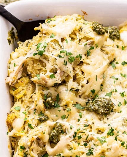 Cheesy Pesto Chicken Spaghetti Squash