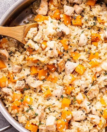 Cheesy Chicken, Butternut Squash and Cauliflower Rice Skillet