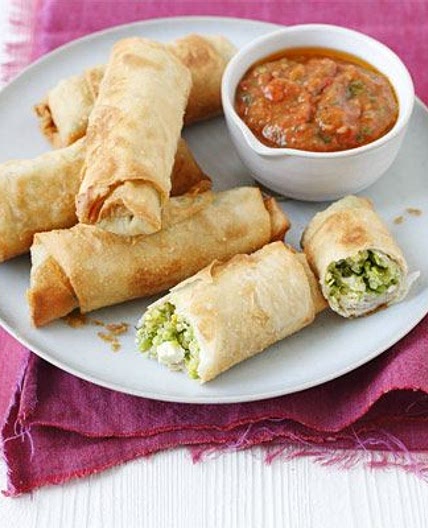 Pea, feta & quinoa spring rolls with roast tomato nam prik