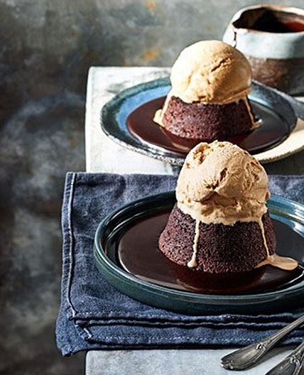 Espresso mud cakes, chocolate syrup & ice cream