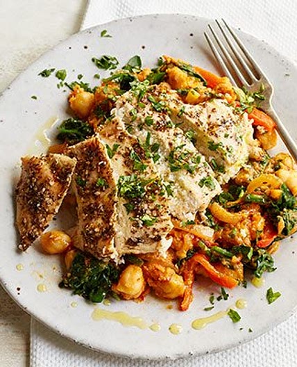 Chicken with crushed harissa chickpeas