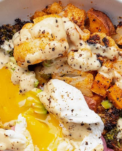 Veggie Bowl with Pickled Onions and a Poached Egg