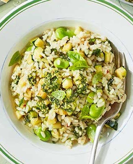 Courgette & broad bean risotto with basil pesto