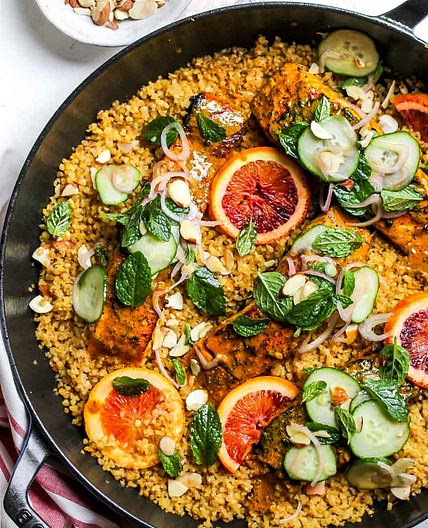 Turmeric-Glazed Salmon and Bulgur Skillet
