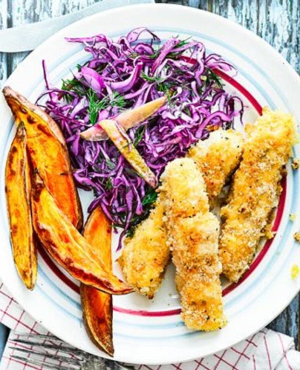 Crispy cod fingers with wedges & dill slaw