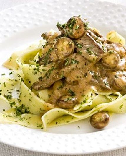 Beef stroganoff with herby pasta