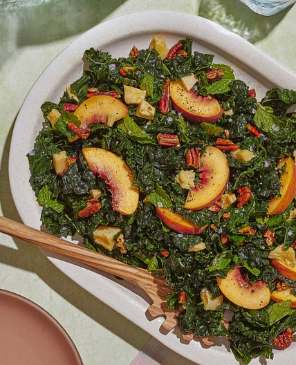 Peach-Pecan Kale Salad with Hot Honey Vinaigrette