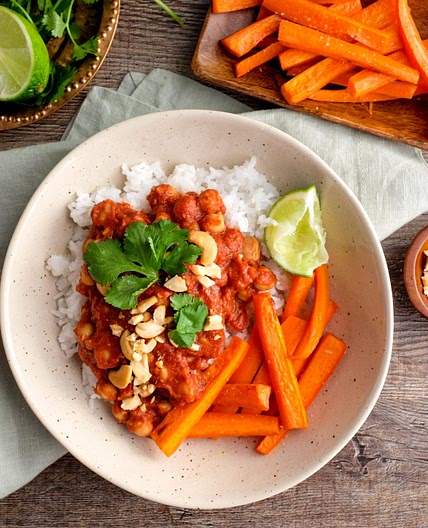 Chana Masala with Cumin Roasted Carrots and Rice