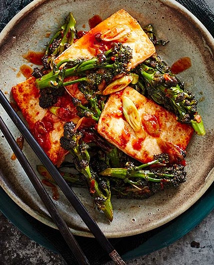 Chinese-style purple sprouting broccoli with tofu