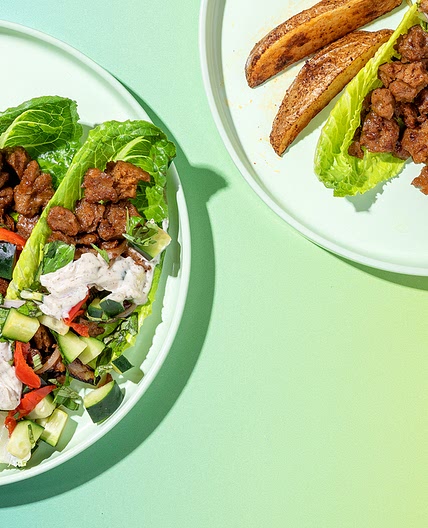Crispy Maple Seitan Lettuce Cups with Cucumber Salad & Paprika Fries