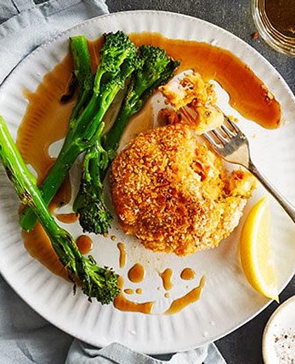 Spicy sweet potato fishcakes with charred greens