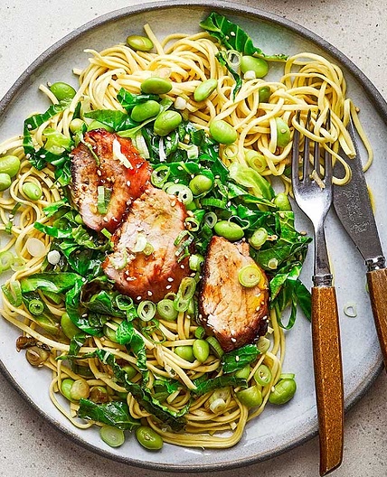 Sticky hoisin pork fillet with sesame greens & noodles