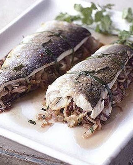 Roast sea bass with chilli & lime leaves
