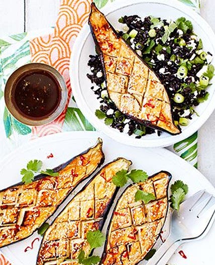 Tamarind aubergine with black rice, mint & feta