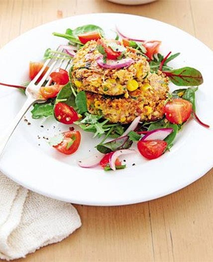 Cheesy bean & sweetcorn cakes with quick salsa