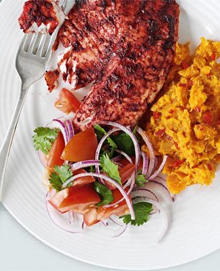 Tandoori tilapia with spicy sweet potato mash & tomato salad
