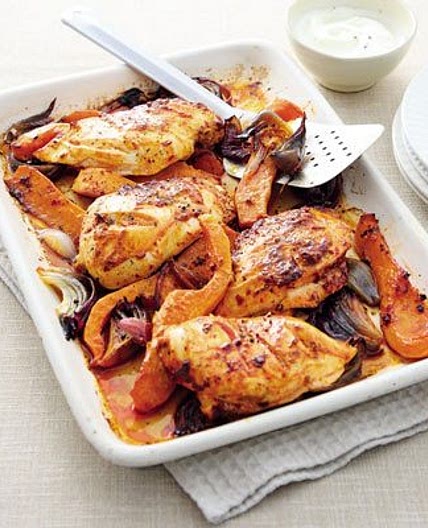 Harissa chicken & squash traybake